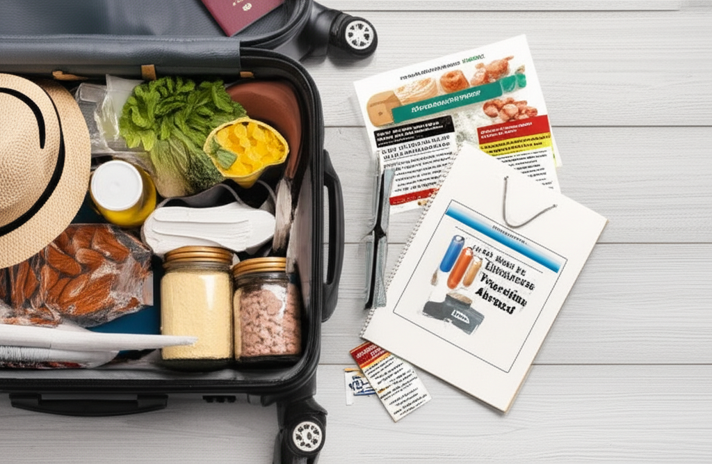 Professional blog header image for article titled: Managing Food Allergies While Traveling Abroad. High quality, relevant imagery, clean composition.