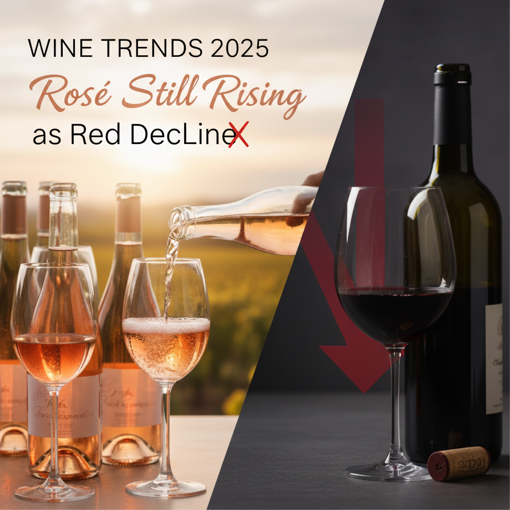 Professional blog header image for article titled: Wine Trends 2025 Show Ros\\xc3\\xa9 Still Rising as Red Declines. High quality, relevant imagery, clean composition.