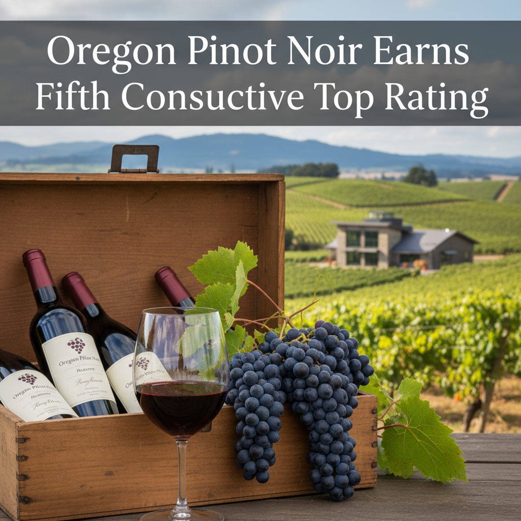 Professional blog header image for article titled: Oregon Pinot Noir Earns Fifth Consecutive Top Rating. High quality, relevant imagery, clean composition.