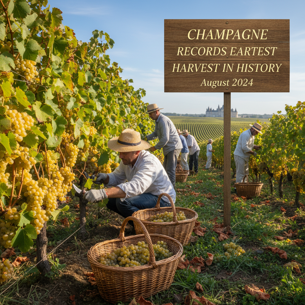 Professional blog header image for article titled: Champagne Records Earliest Harvest in History. High quality, relevant imagery, clean composition.