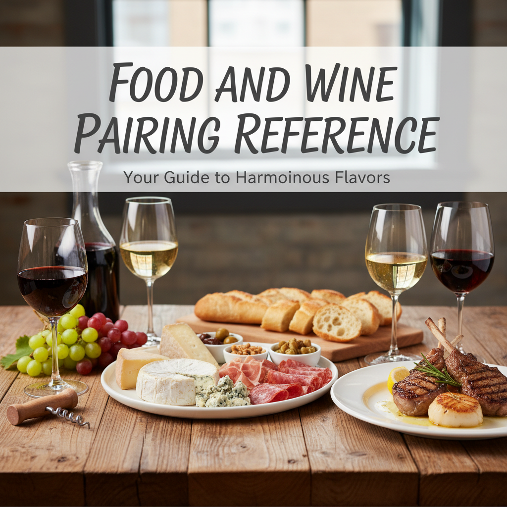 Professional blog header image for article titled: Food and Wine Pairing Reference. High quality, relevant imagery, clean composition.