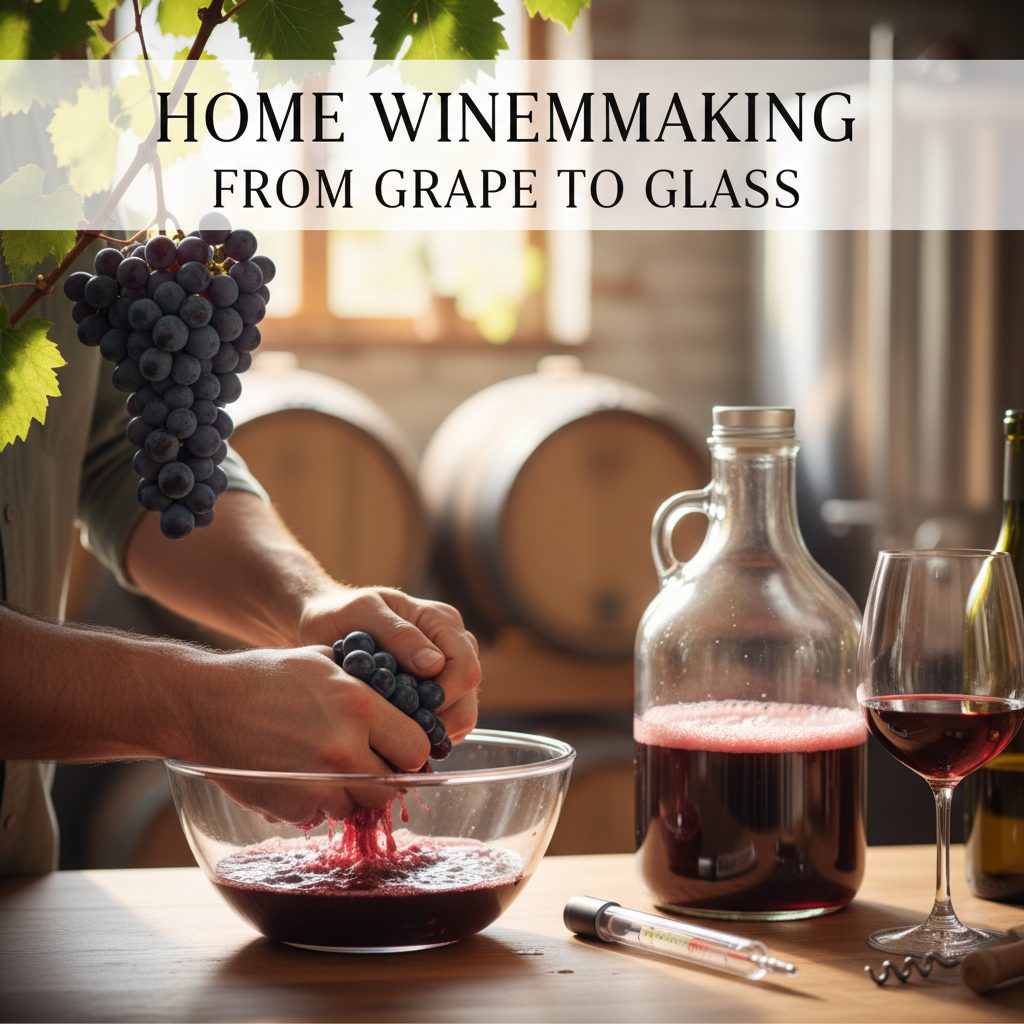 Professional blog header image for article titled: Home Winemaking From Grape to Glass. High quality, relevant imagery, clean composition.