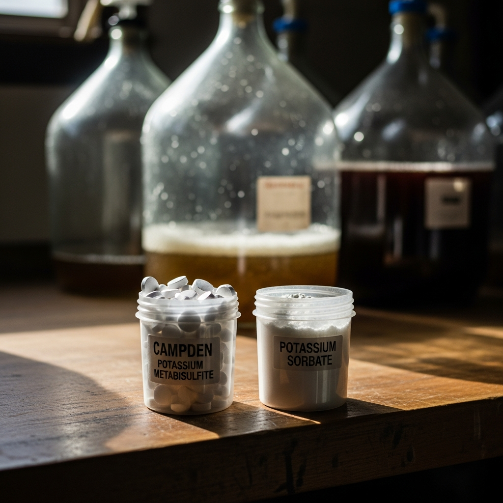 Campden tablets and potassium sorbate powder side by side on winemaking workbench with carboys in background