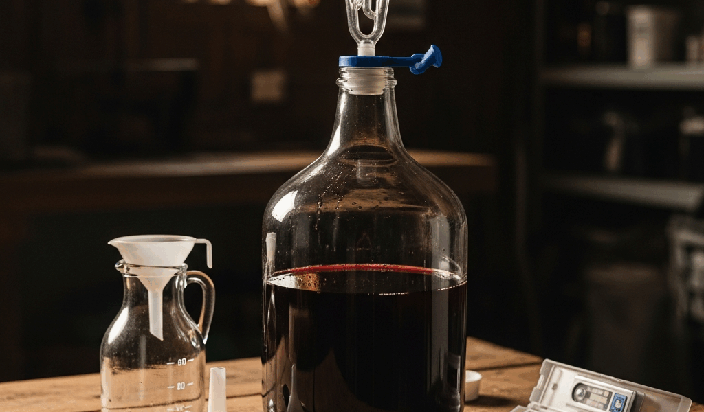 glass carboy with airlock showing no bubbles home winemaking 20260331 083518