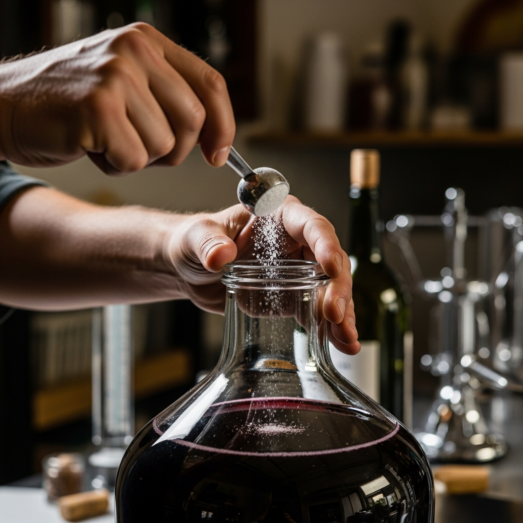 Home winemaker adding stabilizer to carboy of red wine, close up of measuring and pouring