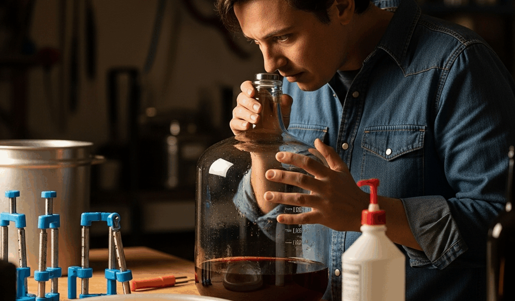 person smelling wine from a glass carboy with a concerned ex 20260331 083855