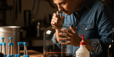 person smelling wine from a glass carboy with a concerned ex 20260331 083855
