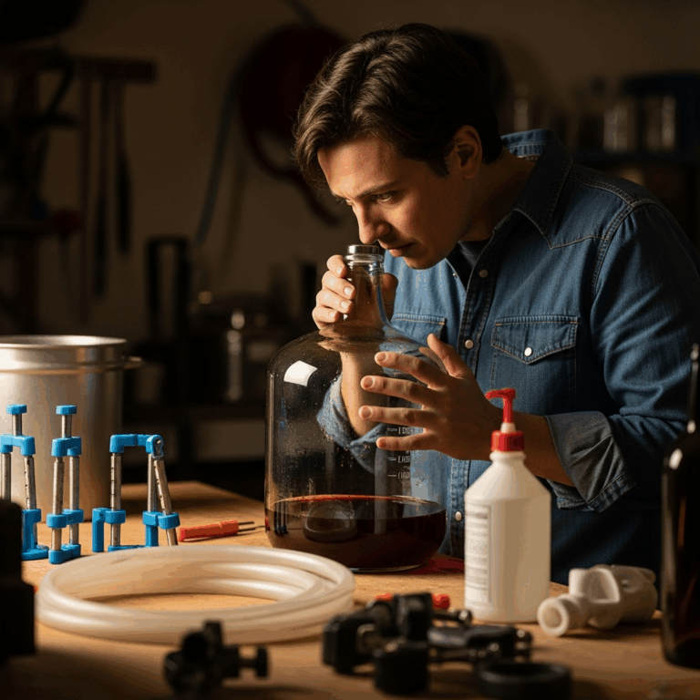 person smelling wine from a glass carboy with a concerned ex 20260331 083855
